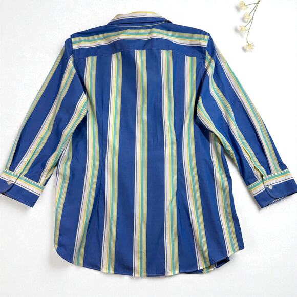 Chaps L Blue Green‎ Yellow Striped Button Up Shirt Gingham Cuff Preppy Coastal - Picture 5 of 10